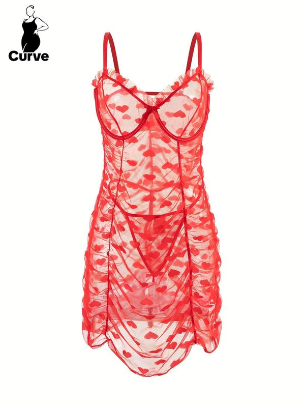 Heart Print Sheer Sexy Costumes Two-Piece Set, Adjustable Strap Frill Trim Cami Nightdress & Thong Set, Women's Lingerie Set for All Seasons